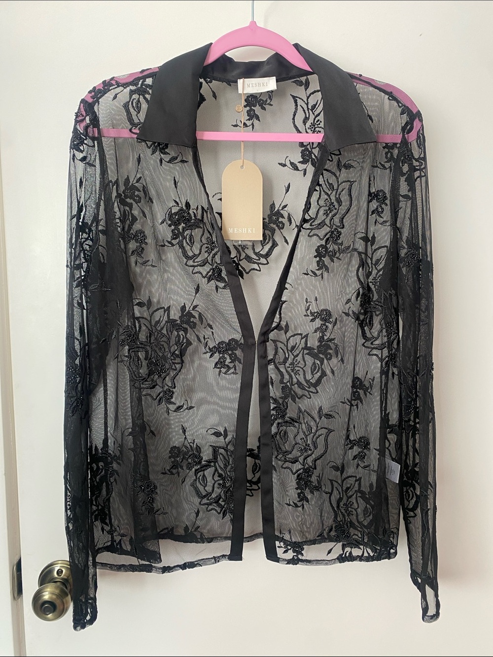 MESHKI Black Sheer Floral Lace Top NWT!